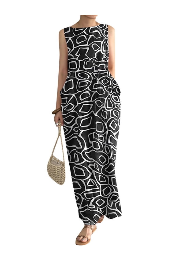 Women Crew Neck Sleeveless Print Long Dress With Pockets