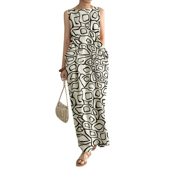 ZANZEA Women Crew Neck Sleeveless Print Long Dress With Pockets