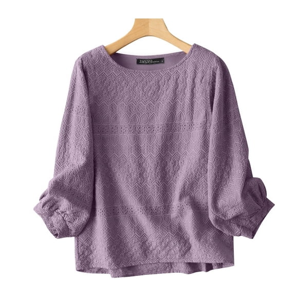 ZANZEA Women Crewneck Long Sleeve Casual Loose Tops Shirt Crochet Solid Tee Shirts Blouse