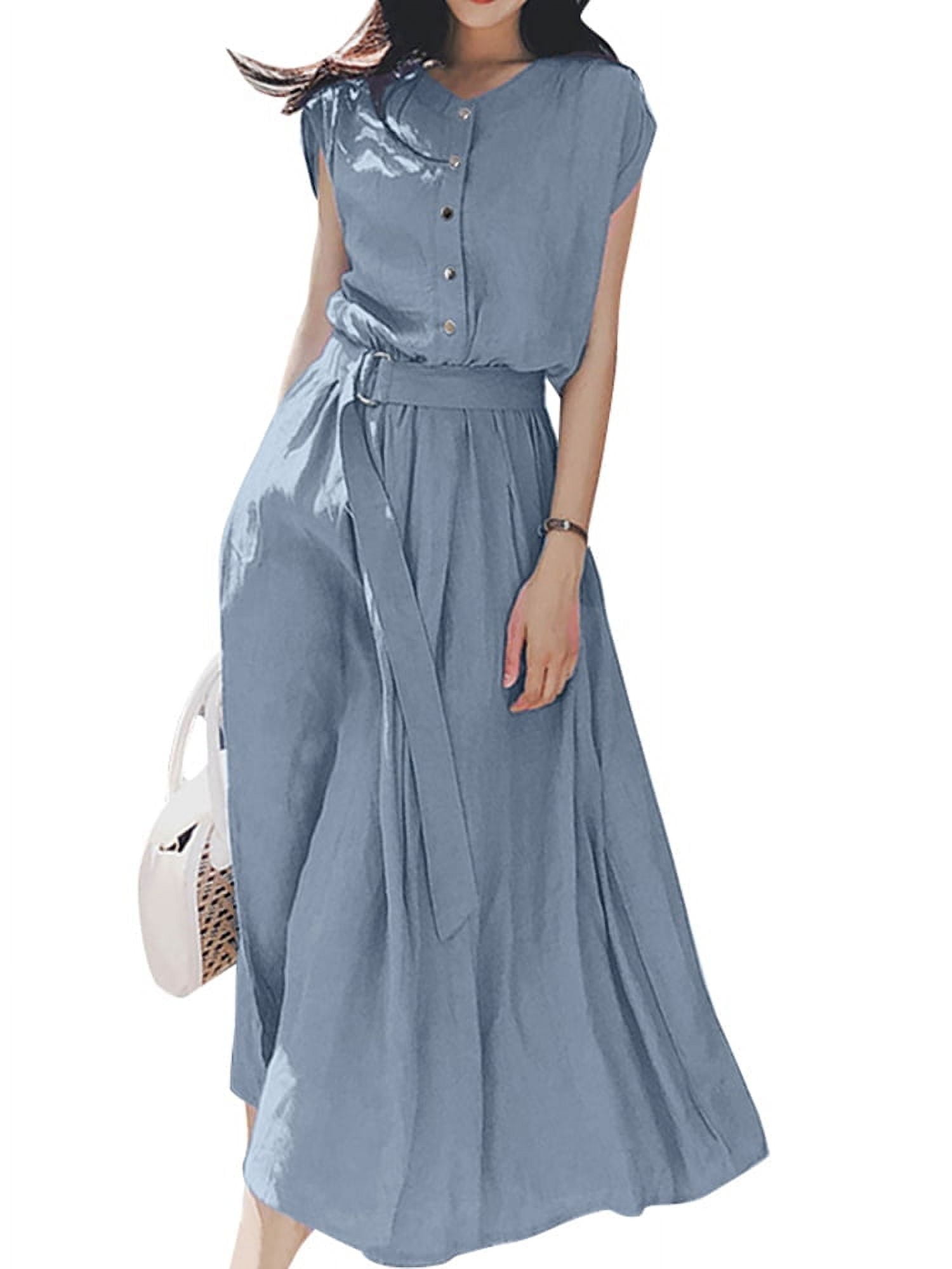 zanzea women o neck short sleeve dress ZANZEA Women Dress O Neck Slim Waist Solid Color Midi Short Sleeve Casual Dresses