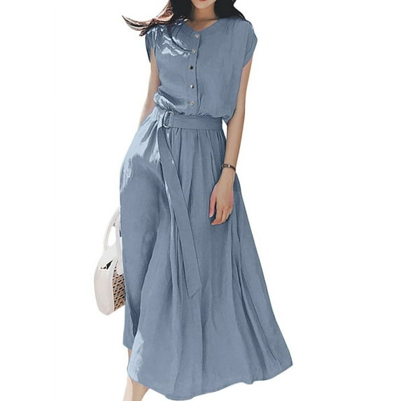 ZANZEA Women Dress O-Neck Slim Waist Solid Color Midi Short Sleeve Casual Dresses