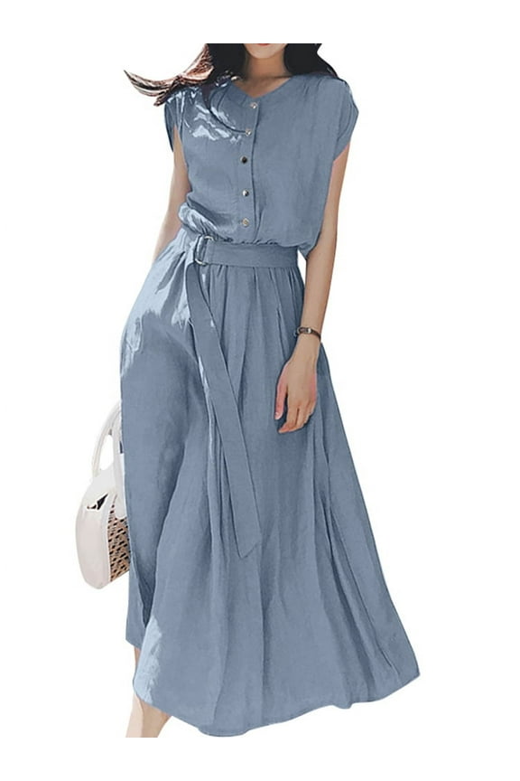 Women Dress O-Neck Slim Waist Solid Color Midi Short Sleeve Casual Dresses