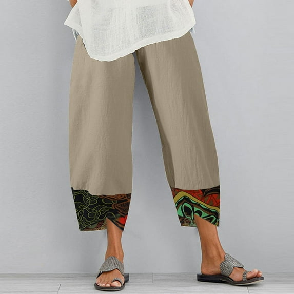 ZANZEA Women Elastic Waist Print Mid-Calf Length Pants Straight Trousers