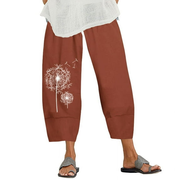 ZANZEA Women Elastic Waist Print Mid-Calf Length Pants Straight Trousers