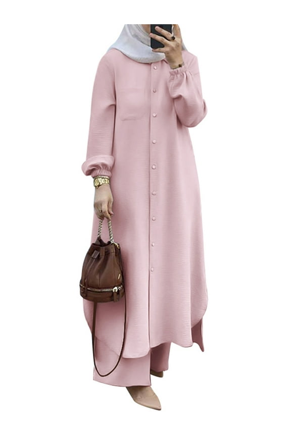 Women Fashion Muslim Sets Autumn Long Sleeve Blouse Loose Wide Leg Pants