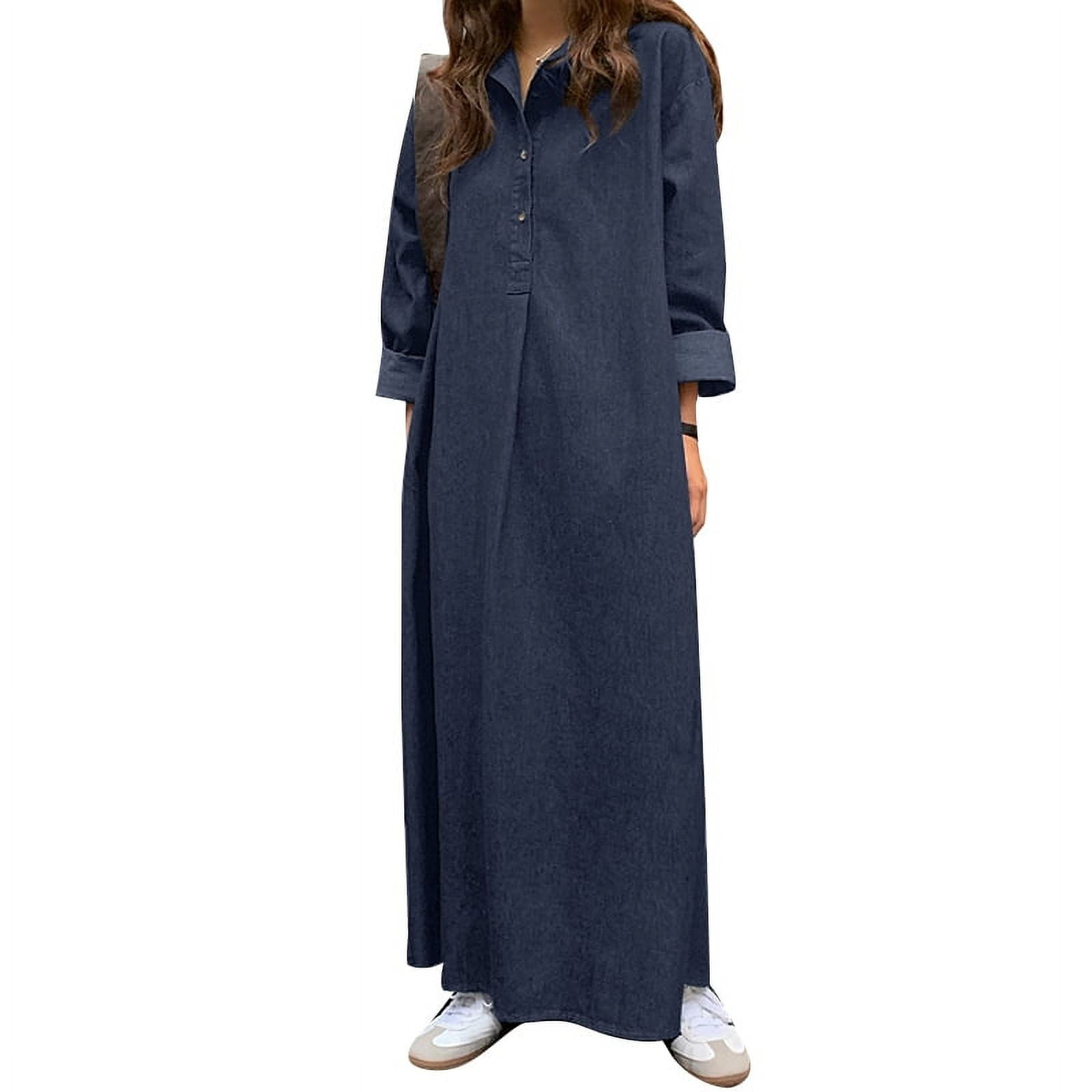 ZANZEA Women Fashion Turn Down Collar Buttons Long Sleeve Denim Look Kaftan  Casual Long Shirt Dress - Walmart.com