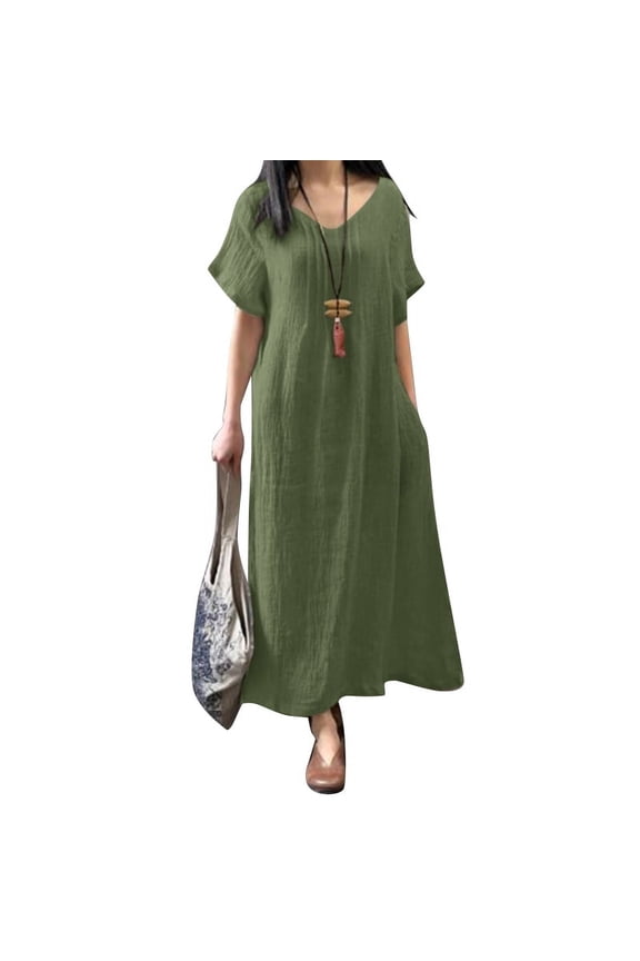 Women Fashion V-Neck Short Sleeve Solid Sundress Casual Party Summer Holiday Midi Dress