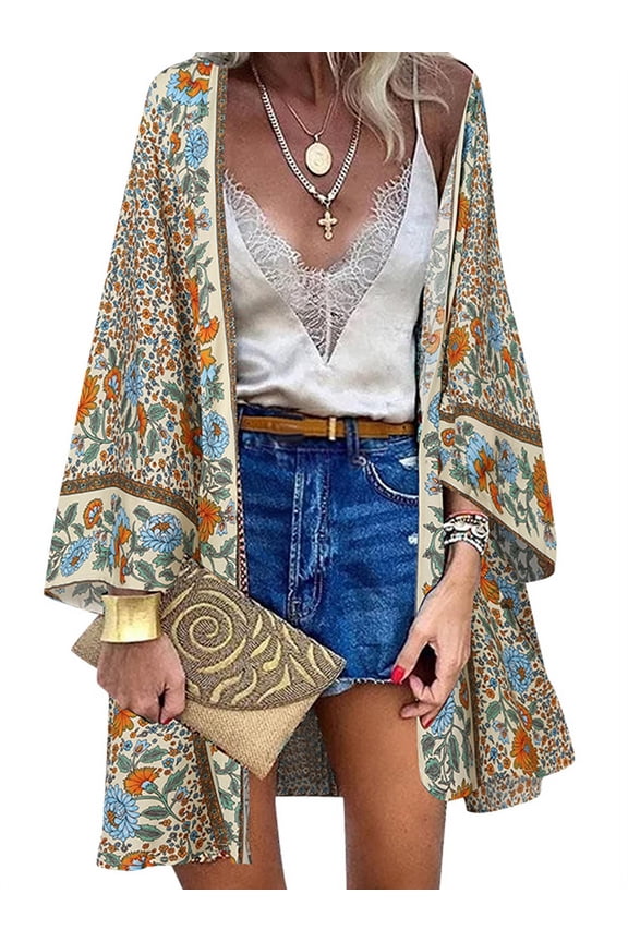 Women Floral Print/Color Printing Casual Flare Sleeve Long Cardigan Coats