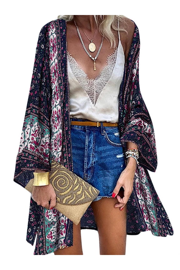 Women Floral Print/Color Printing Casual Flare Sleeve Long Cardigan Coats