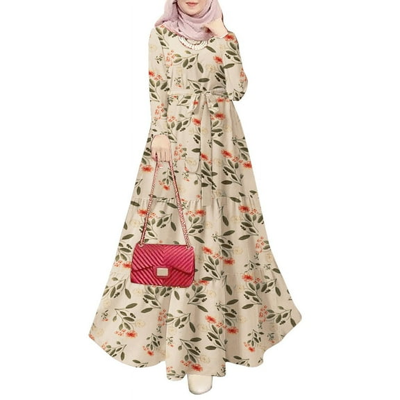 ZANZEA Women Floral Print Long Sleeve Belt Muslim Abayas Holiday Party Casual Kaftan Long Dress