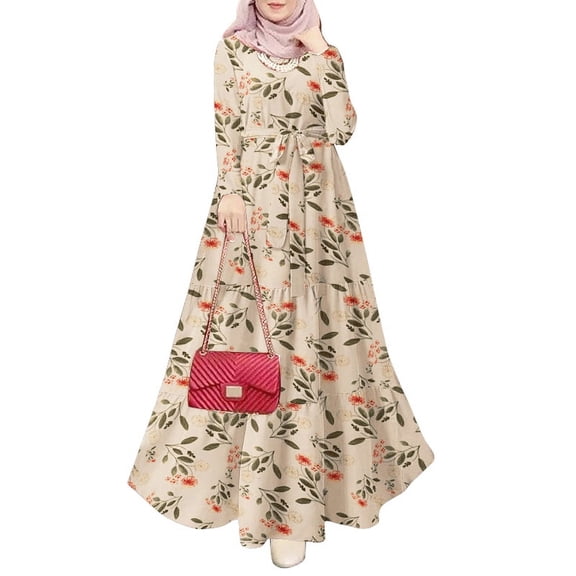 ZANZEA Women Floral Print Long Sleeve Belt Muslim Abayas Holiday Party Casual Kaftan Long Dress