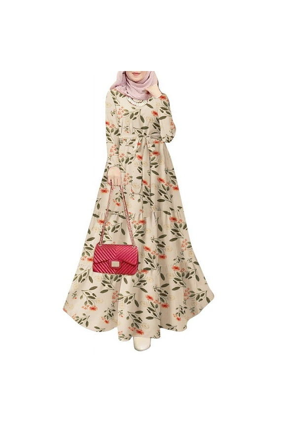 Women Floral Print Long Sleeve Belt Muslim Abayas Holiday Party Casual Kaftan Long Dress