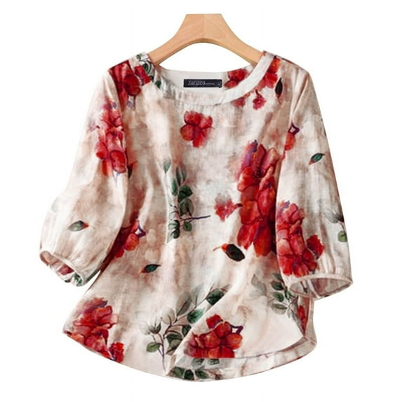 ZANZEA Women Floral Printed Crew Neck 3/4 Sleeve Loose Blouse Summer Holiday Casual T Shirt Tops