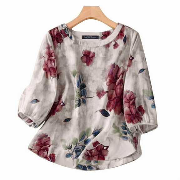 ZANZEA Women Floral Printed Crew Neck 3/4 Sleeve Loose Blouse Summer Holiday Casual T Shirt Tops