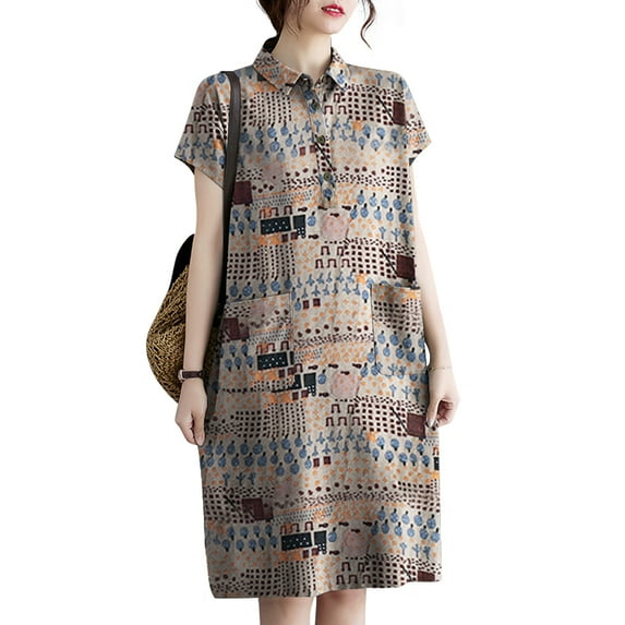 ZANZEA Women Floral Printed Dress Vintage Short Sleeve Casual Lapel Neck Dress