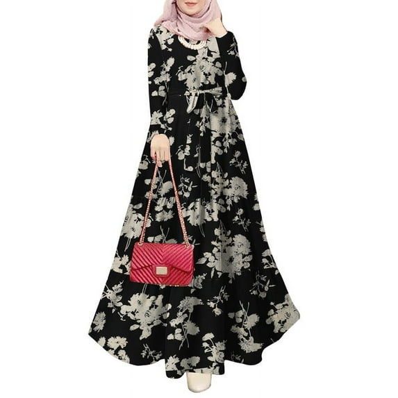 ZANZEA Women Floral Printed Long Sleeve A Line Kaftan Muslim Abaya Party Casual Loose Long Swing Dress