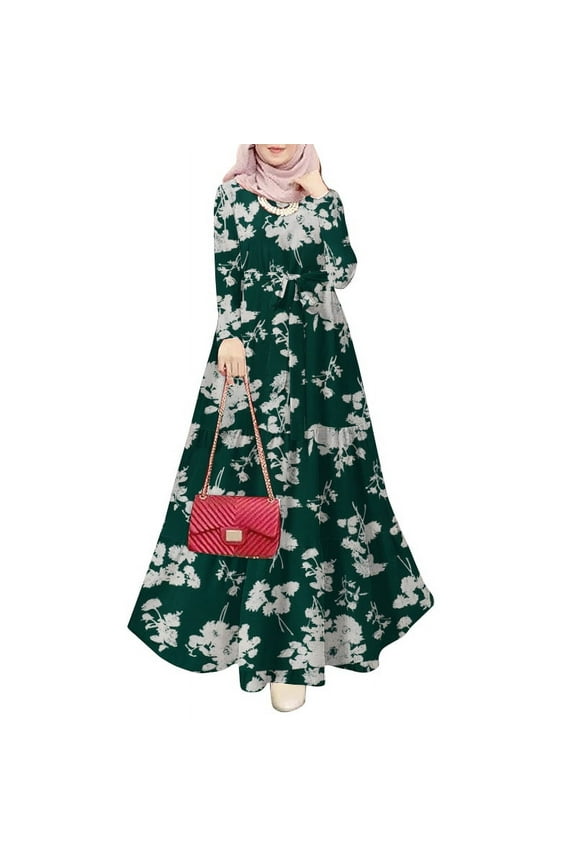 Women Floral Printed Long Sleeve A Line Kaftan Muslim Abaya Party Casual Loose Long Swing Dress