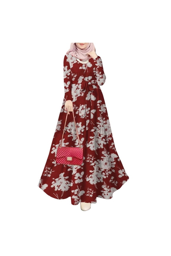 Women Floral Printed Long Sleeve A Line Kaftan Muslim Abaya Party Casual Loose Long Swing Dress