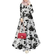 ZANZEA Women Floral Printed Long Sleeve A Line Kaftan Muslim Abaya Party Casual Loose Long Swing Dress