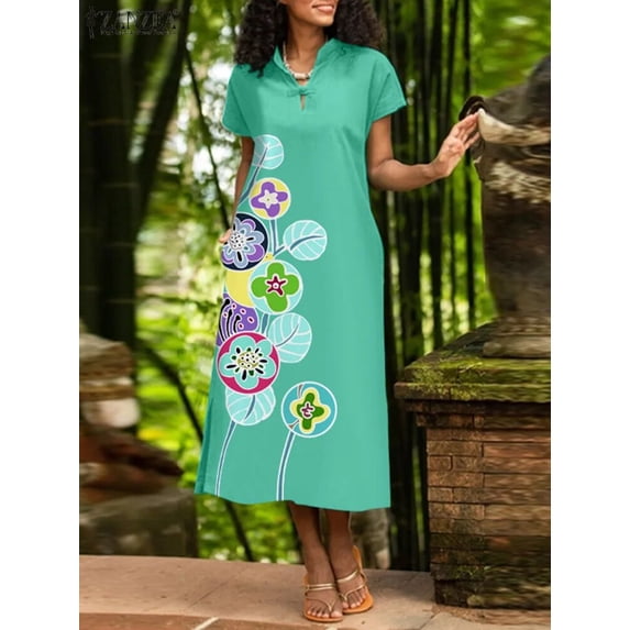 ZANZEA Women Flower Print Dress Vintage Cheongsam Sundress 2024 Summer Retro V-neck Short Sleeve Long Robe Fashion Loose Vestido
