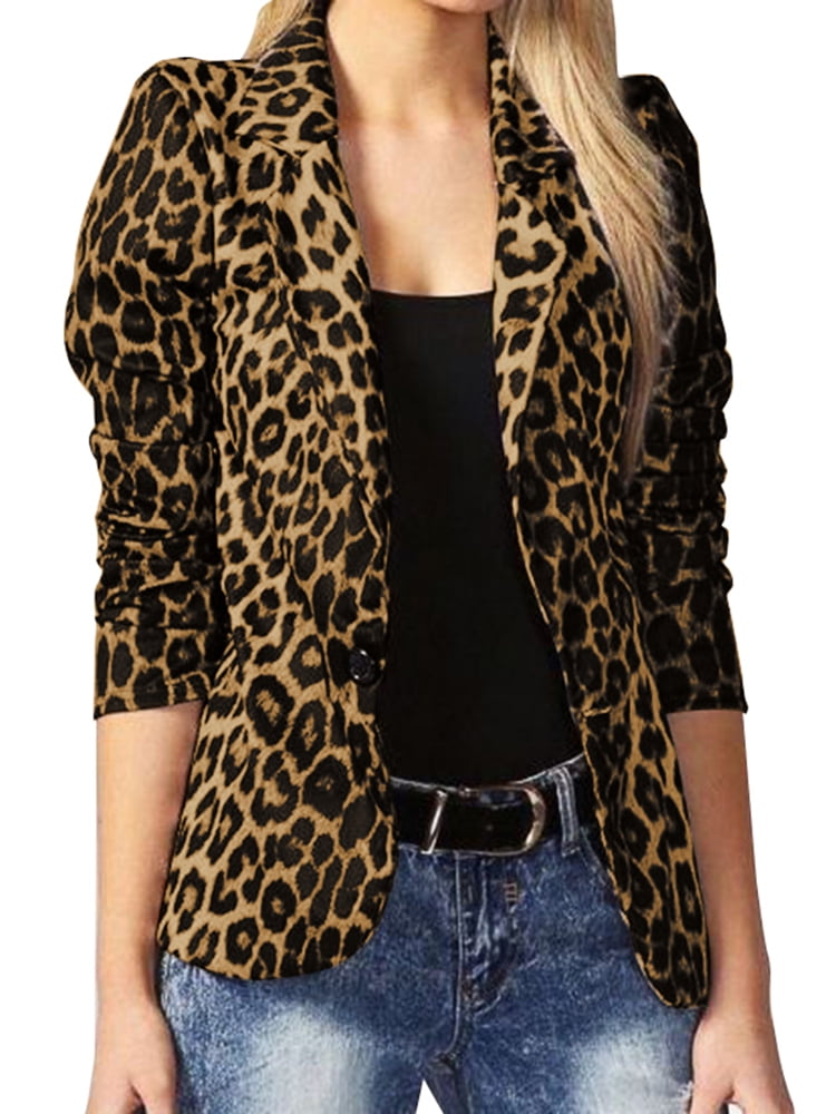Leopard Lapel Collar Long Sleeve Longline Blazer
