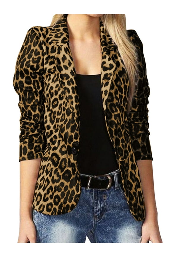 Women Formal Turn Down Collar Long Sleeve Leopard Print Blazer Suit
