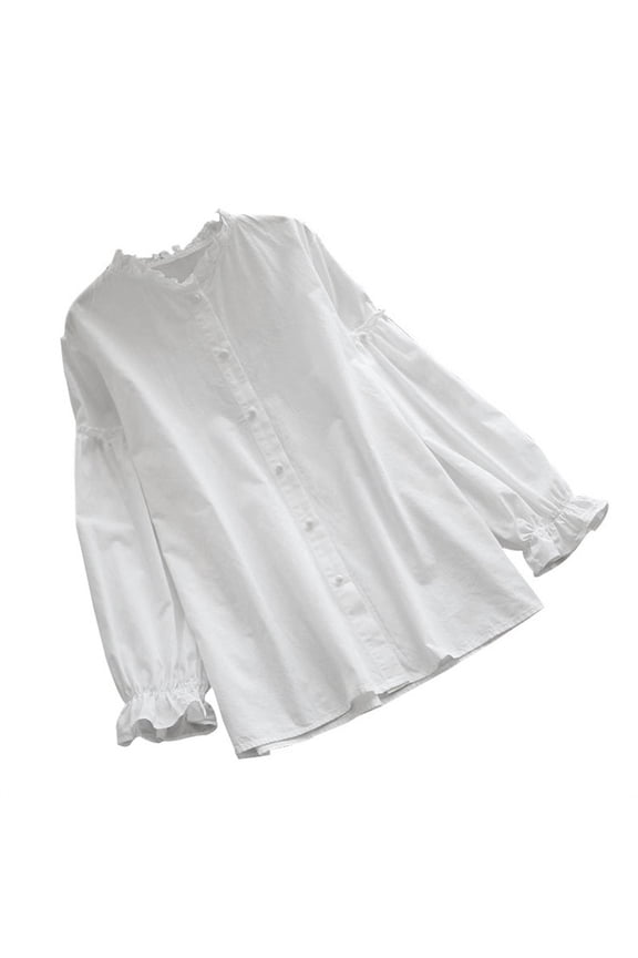 Women Full Puff Sleeve Buttons Down Tops Casual Blouse Shirt