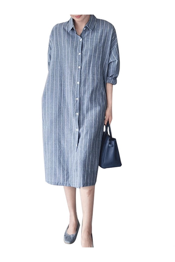 Women Full Sleeve Striped Printed Midi Dress Casual Shirts Dresses