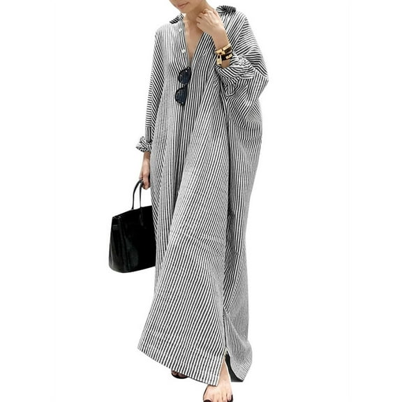 ZANZEA Cotton Full Sleeved Striped Printed Long Dress Women