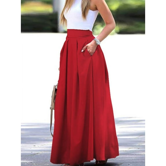 ZANZEA Women High Waist Pleated Skirt Loose Casual Solid Color Full Length Skirt