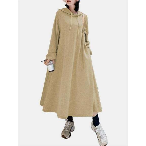 ZANZEA Women Hoodies O-Neck Plain VIntage Baggy Maxi Dress