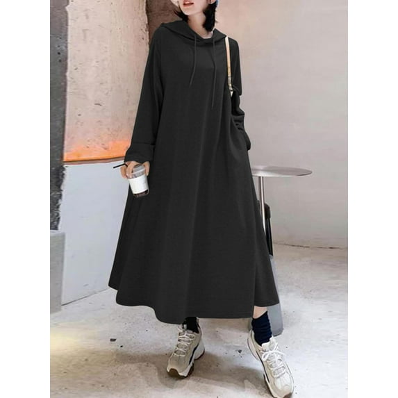 ZANZEA Women Hoodies O-Neck Plain VIntage Baggy Maxi Dress