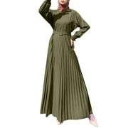 ZANZEA Women Kaftan Muslim Solid Belt  A-Line Pleated Bohemian Long Dress