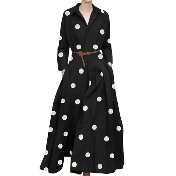 ZANZEA Women Lapel Long Sleeves Pleated Polka Dot A Swing Dress With Pockets