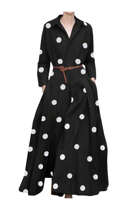 Women Lapel Long Sleeves Pleated Polka Dot A Swing Dress With Pockets