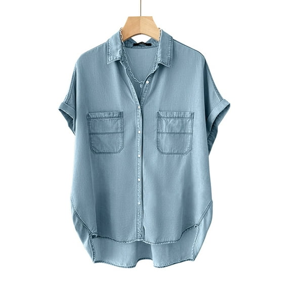 ZANZEA Women Leisure Cuffed Shirt Turn-down Collar Short Sleeve Button Denim Shirt