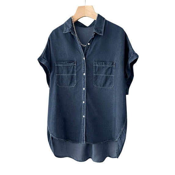 ZANZEA Women Leisure Cuffed Shirt Turn-down Collar Short Sleeve Button Denim Shirt