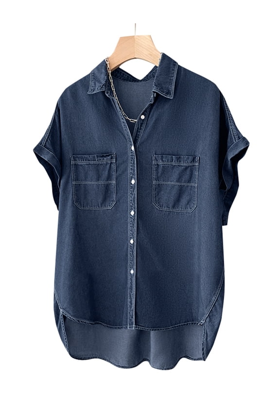 Women Leisure Cuffed Shirt Turn-down Collar Short Sleeve Button Denim Shirt