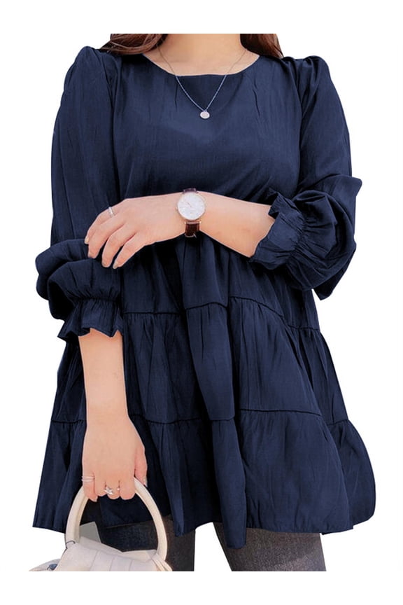 Women Leisure Round Neck Bubble Long Sleeve Cake Layer Blouse