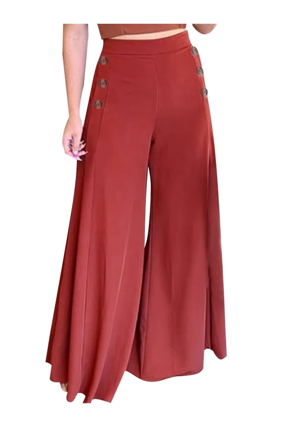 Women Leisure Wide Leg Elastic Waist Decorative Buttons Pants