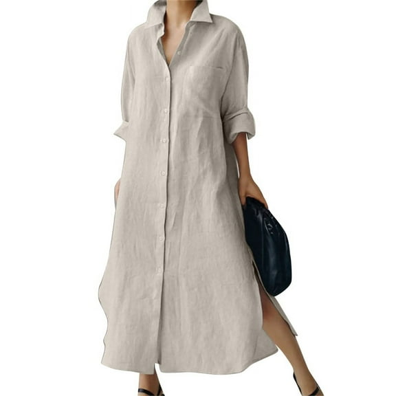 ZANZEA Women Long Sleeve Button Down Side Split Hem Casual Loose Long Shirt Dress