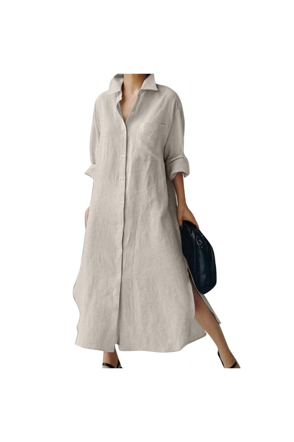 ZANZEA Women Long Sleeve Button Down Side Split Hem Casual Loose Long Shirt Dress