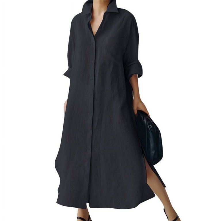 ZANZEA Women Long Sleeve Button Down Side Split Hem Casual Loose Long Shirt  Dress