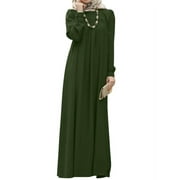 ZANZEA Women Long Sleeve O Neck Puff Sleeve Casual Abaya Muslim Maxi Dress