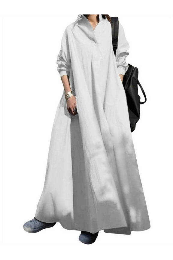 Women Long Sleeve Plaid Check/Printed/Plain Long Dress Kaftan Dresses