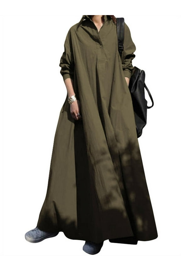 Women Long Sleeve Plaid Check/Printed/Plain Long Dress Kaftan Dresses