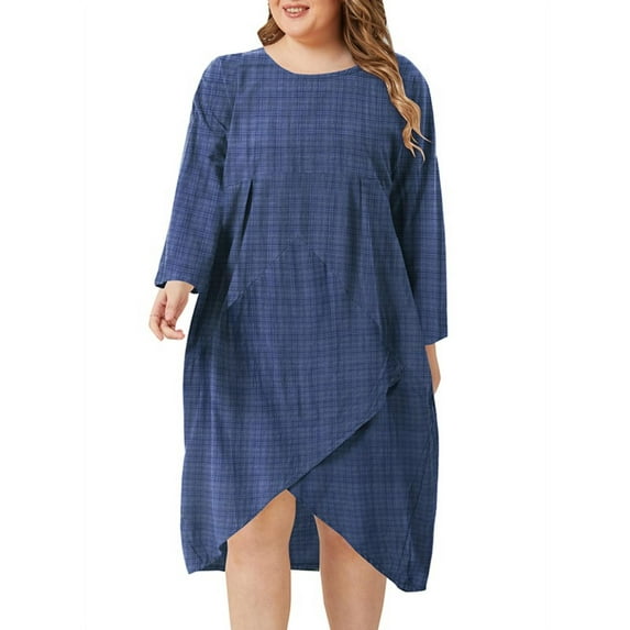 ZANZEA Women Long Sleeve Round Neck Plaid Check Midi Dress FZH