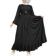 ZANZEA Women Long Sleeve Ruffled Hem Belted Pure Color Muslim Dress Maxi Dresses