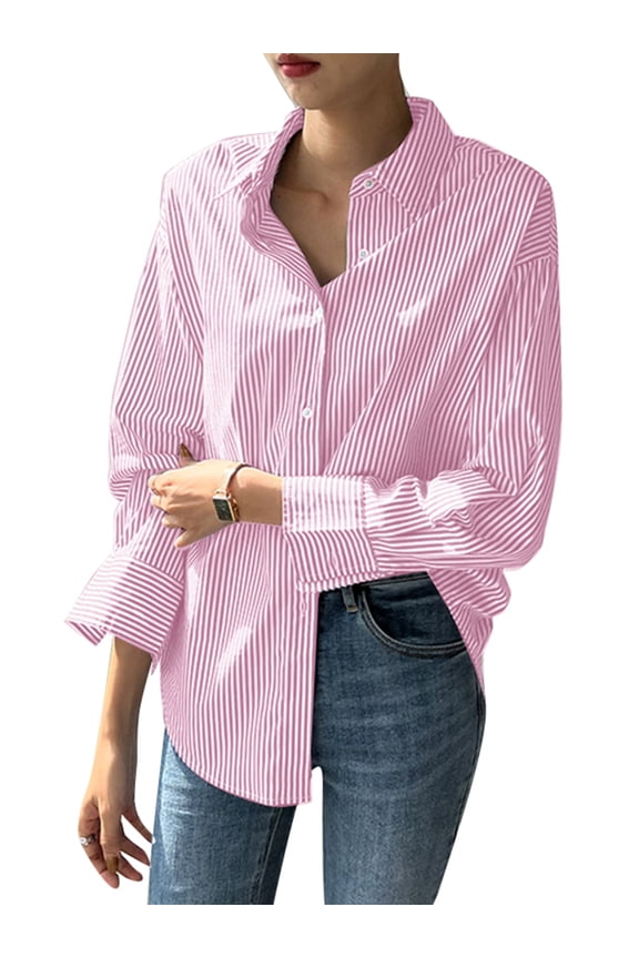 Women Long Sleeve Striped Blouse Button Up Tops Casual Shirt