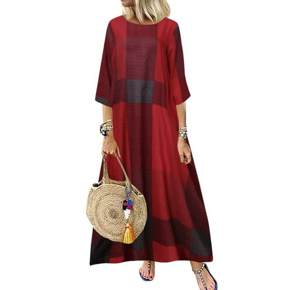 ZANZEA Women Loose Half Sleeve Plaid Printed Vintage Long Dress